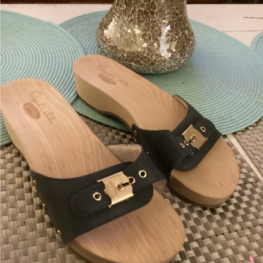Original Dr Scholl's Blue/Grey Leather Women's Flip Flops